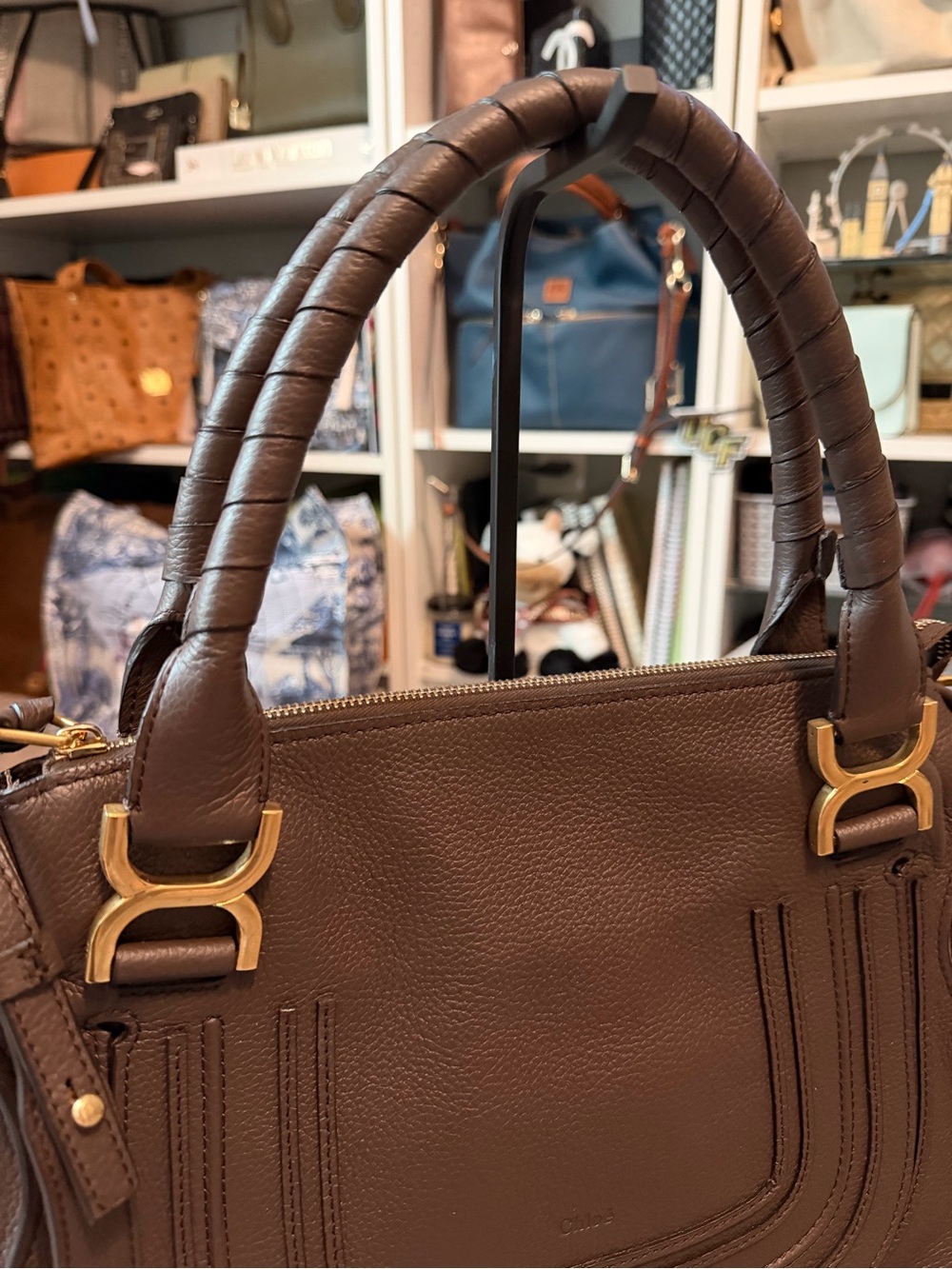 Chloé Marcie Medium Satchel Brown Pebbled Leather Gold Hardware Crossbody - Picture 3 of 14